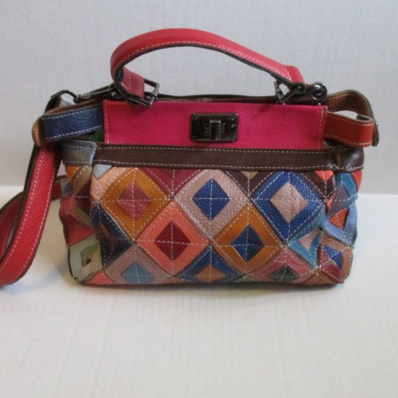 *Vera Pelle Color-Blocked 2-Way Satchel Shoulder Bag - Picture 3 of 9